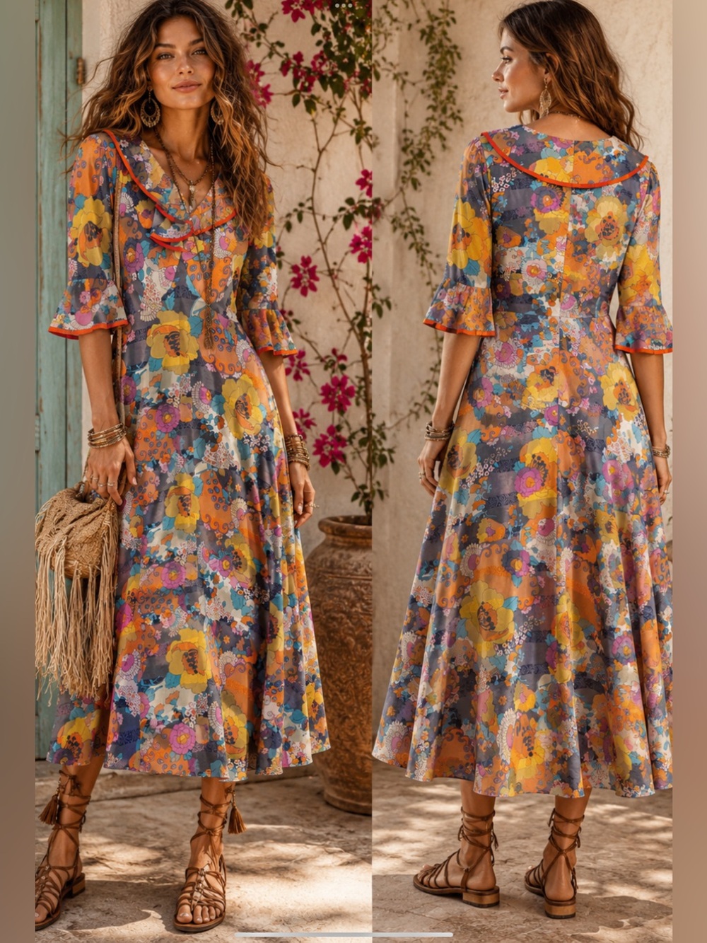 Vintage 1970s Boho Floral Midi Dress EU 42 Psychedelic Mod Ruffle Collar Retro